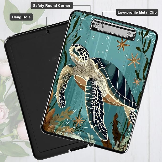 Heavy Duty Storage Clipboard, Slim Nursing Clipboard with Internal Pen Case, Portable File Organizer Case for A4 Letter Size Paper Office Medical Professionals, Retro Turtle Ocean