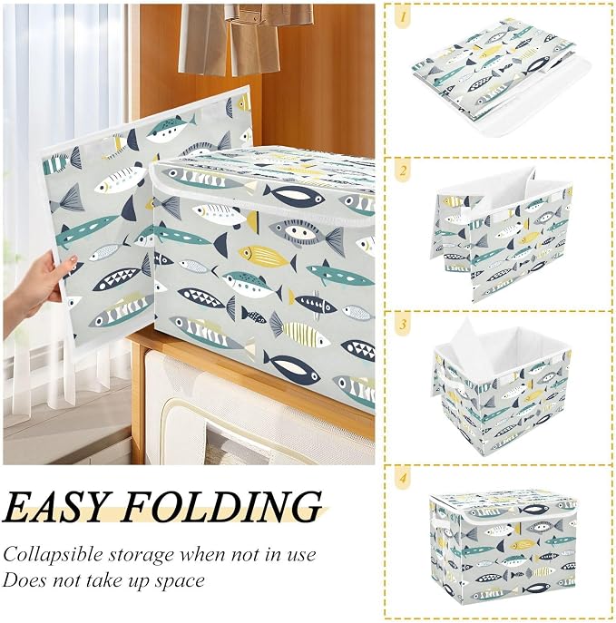 Storage Bins with Lid Fish Pattern Foldable Storage Boxes 40L Baskets | Decorative Storage Boxes, 300D Oxford Cloth, Hollow Board Frame, Flip Top Velcro Lid, 16.5x12.6x11.8 inch, Collapsible Design