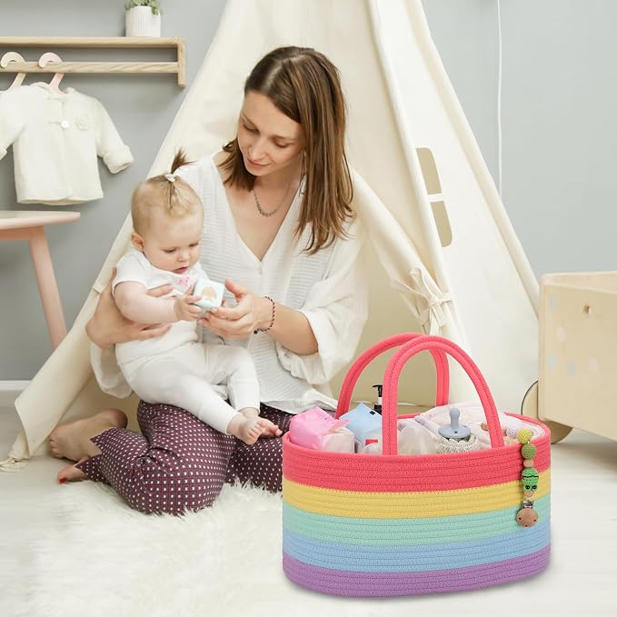 COMSE Large Cotton Rope Baby Diaper Caddy Organizer with Handles, Rainbow