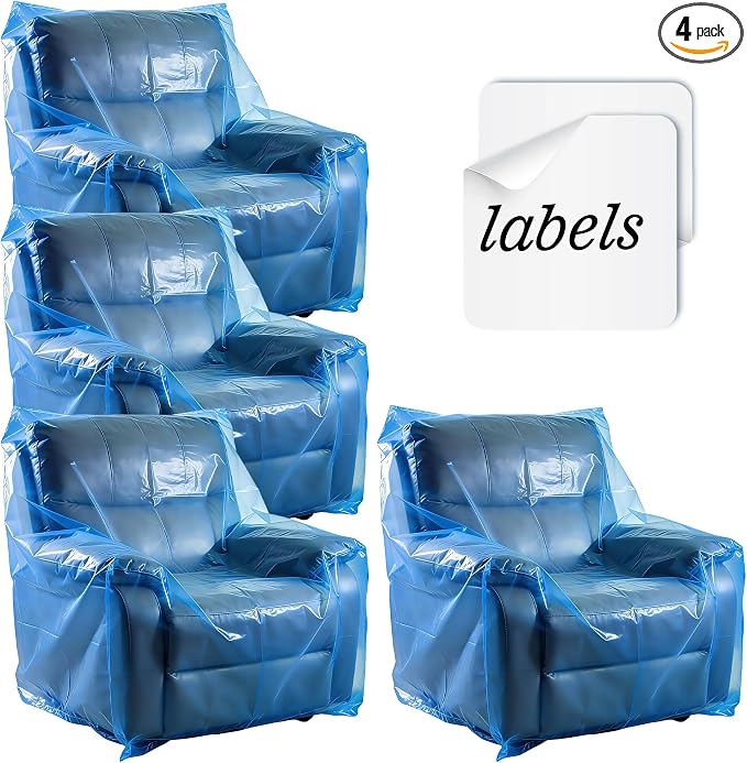 Extra Large Chair Moving Cover for Storage Transportation, Sofa Couch Clear Plastic Moving Cover with Labels, Waterproof and Dust Proof, Bag Open Size 65x 42 x 34 Inch, Blue, 4 Pack