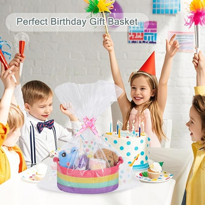 COMSE Small Gift Basket Empty with Bag & Ribbons, Rainbow | Cotton Rope, 12"x 8"x 5", Pet Toy Storage Organizer, Woven Basket for Birthdays, Baby Showers, Mother’s Day, Valentine’s Day