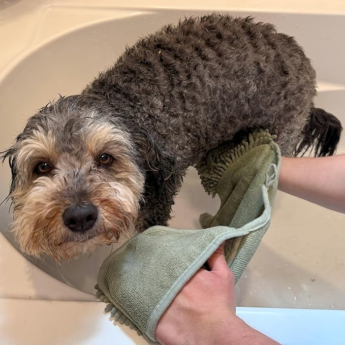 SPOT Clean Paws Chenille Microfiber Dog Towel, Super Absorbent with Corner Hand Pockets, Dries Wet Paws & Body Fast, Machine Washable, 30 x 16 in, Assorted Colors