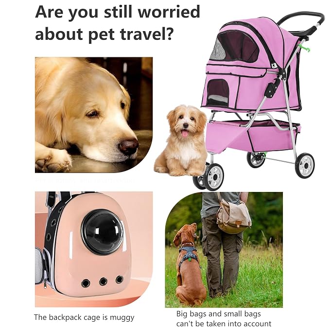 FDW 3-Wheel Pet Stroller Foldable Dog Cat Jogger Stroller Durable Travel Folding Carrier with Storage Basket Cup Holder,Peach Pink