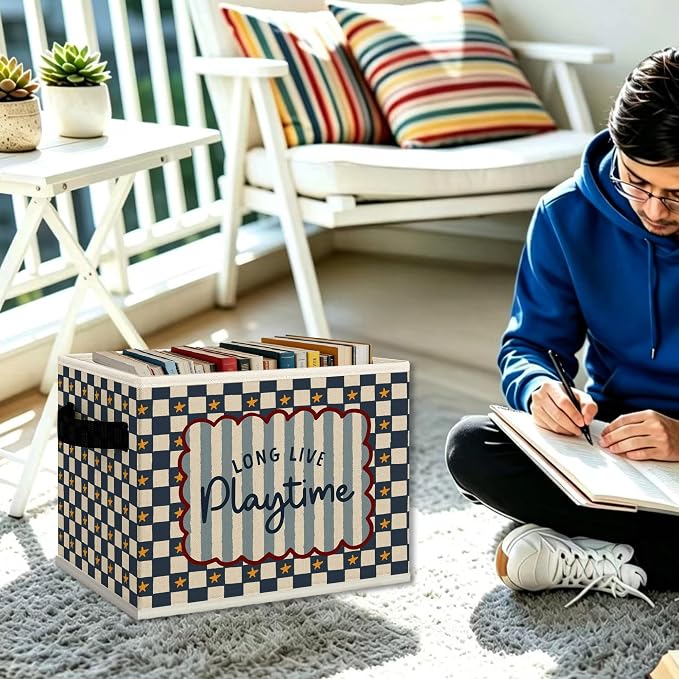 Kids Playroom Cube Storage Bins with Handles, Long Live Playtime Blue Checkered Collapsible Fabric Storage Basket Boxes Books Clothes Organizer for Kids Boys Bedroom Playroom Bathroom