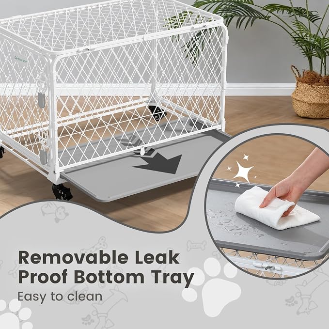 42 Inch Collapsible Dog Crate with Diamond Mesh, No-Tool Assembly Foldable Dog Kennel with 4 Lockable Wheels,Removable Tray,Portable Dog Cage for Medium/Large Dogs, Space-Saving, Indoor Outdoor Use