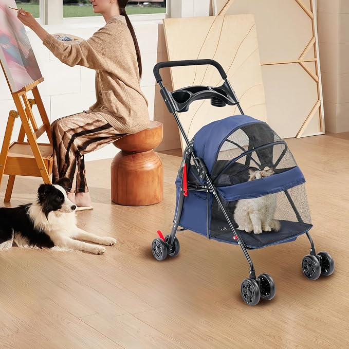 Foldable Pet Stroller with Mesh Windows, 40lbs Capacity Pet Carrier Cart with Locking Wheels, Breathable Cat & Dog Stroller for Small Animals, Foldable Pet Travel Cart for Outdoor (Navy Blue)