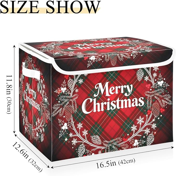 senya Christmas Storage Baskets Christmas Monogram Wreath Tartan Plaid | Collapsible Storage Bins with Lids Boxes Clothes Baskets for Organizing