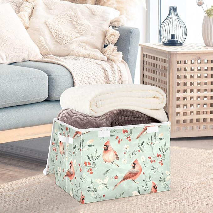 Aesthetic Northern Birds Sage Green Storage Bins Containers For Organizing Lidded for Clothes Room
