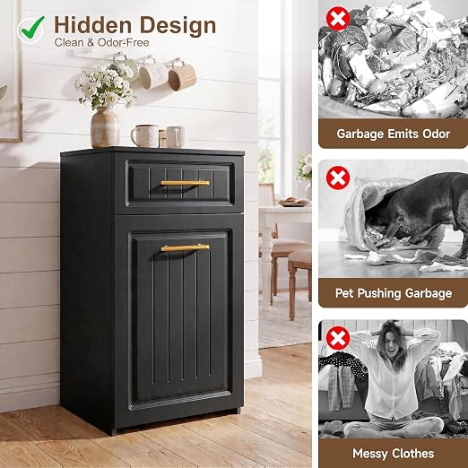 ZIFTY 13 Gallon Pull Out Trash Can Cabinet Kitchen, Laundry Hamper, Black | Pet Proof, Freestanding Kitchen Cabinet, Hideaway Drawer, Wooden Garbage Recycling, Modern Farmhouse Waste Bin Furniture