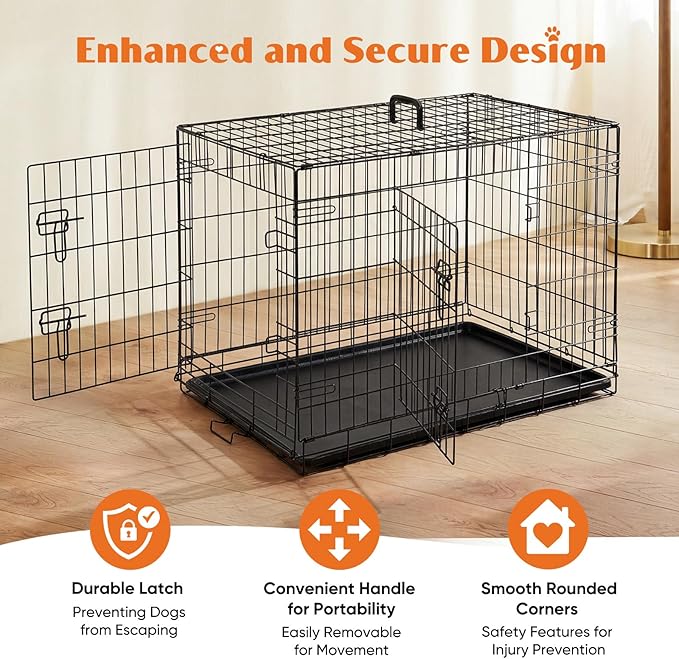Sweetcrispy 36 Inch Dog Crate, Medium Dog Cage, Foldable Puppy Pet Kennel | Double Door, Metal Kennel, Secure Lock, Removable Tray, Indoor Outdoor Training Travel