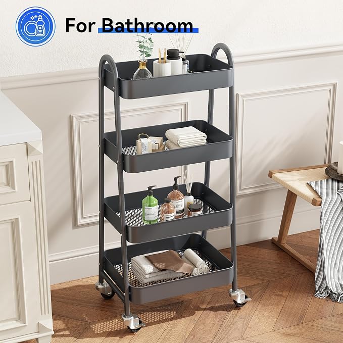 OLIXIS Metal 4 Tiers Rolling Storage Utility Cart with Lockable Wheels | Mobile Organizer Shelf, Space-Saving, Freestanding, Bathroom, Living Room, Slim, Narrow Corner Spaces, Gray