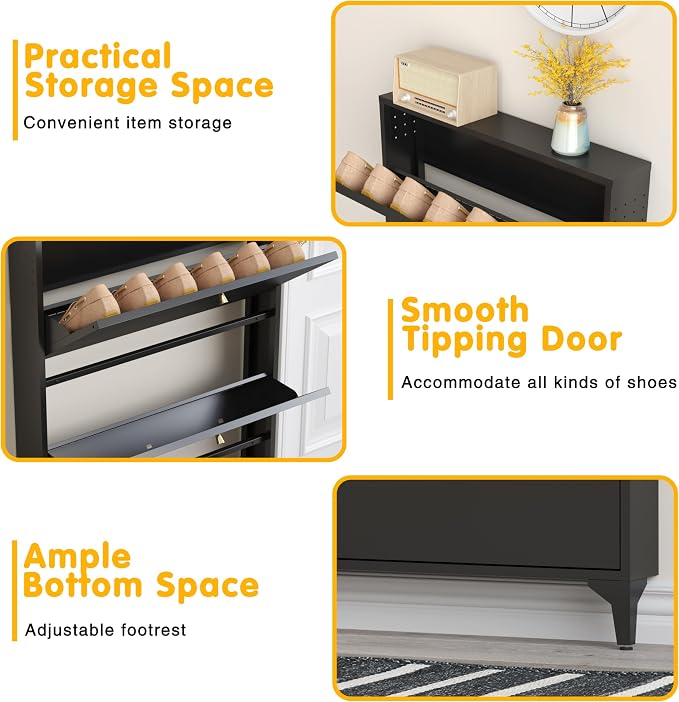 Shoe Cabinet with 4 Flip Drawers, Narrow Shoe Storage Cabinet, Farmhouse Shoe Organizer, Freestanding Organizer with Metal Legs for Entryway, Foyer (Black, 4 Door)