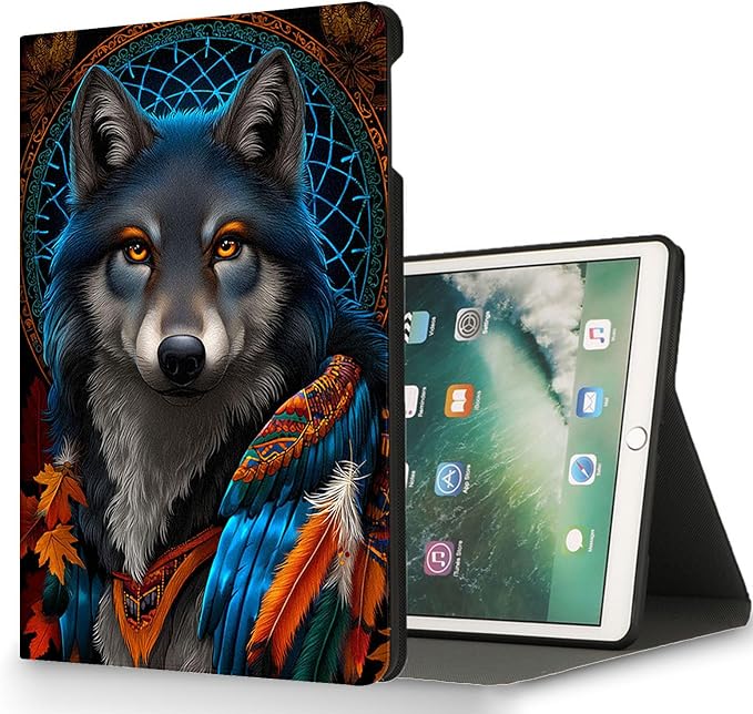 for Microsoft Surface Pro 7 Plus,Surface Pro 7/6/5/4 12.3" Tablet Case,Auto Wake/Sleep,Adjustable Stand Protective Cover - Wolf Dreamcatcher