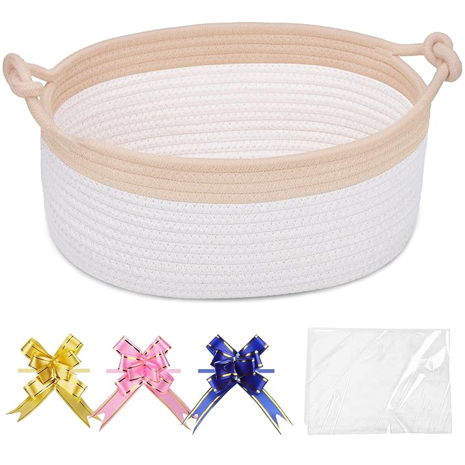 COMSE Small Gift Basket Empty with Bag & Ribbons, Beige & White | Cotton Rope, 12"x 8"x 5", Pet Toy Storage Organizer, Woven Basket for Birthdays, Baby Showers, Mother’s Day, Valentine’s Day