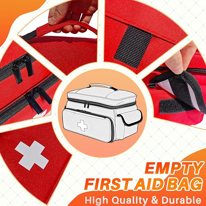 First Aid Bag Empty 12" x 9" x 7" Red Medical Bag Red Pill Bottle Organizer Portable Emergency Bag Travel Medicine Kit Storage Case First Aid Box for Car, Home, Office, Dorm, Outdoor (Small)