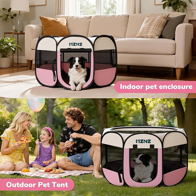 Dog Cat Small Animal Puppy Playpen Crate, Large, Pink | Portable Pop Up Pet Cage Enclosure Tent Kennel Indoor Outdoor with Carrying Case, No Assembly, Camping Use