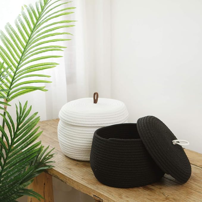 Sea Team Round Woven Cotton Rope Storage Basket with Lid, Black | Lidded Knitted Decorative Storage Bin, Pot, Caddy, Organizer, Container for Snacks, Towels, Plants, 10 x 7.5 Inches