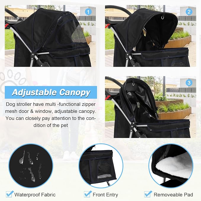 BLKMTY Folding Dog Stroller, 3 Wheels Pet Stroller, Foldable Cat Strollers Waterproof Travel Carrier Strolling Cart for Puppy Jogger with Cup Holder & Storage Basket, Black