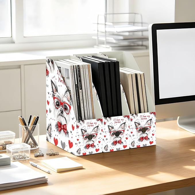 Pets Yorkie Dog 3-Pack Decorative Magazine File Holder Foldable Desk Book Bins Binder Organizer with Blank Labels for Office Classroom Bookshelf Document Paper Storage