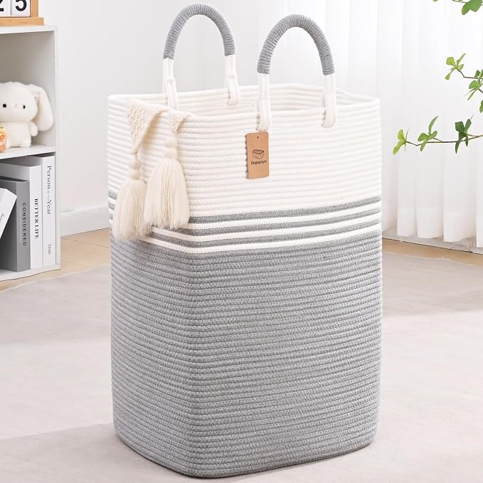 Laundry Basket Hamper,Blanket Storage,Dirty Clothes Hamper with Swivel Handles,Woven Cotton Rope Toy Baskets,Blanket Basket Living Room,Decorative Hampers for Nursery,Bedroom,White & Gray,100L