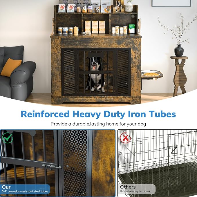 Petrova 33" Dog Crate Furniture with Storage Shelf & 2 Stainless Steel Bowls, Heavy Duty Indoor Dog Kennel for Medium/Small Dogs, Wooden Dog Cage with 4 Hooks, LED Light, Walnut Brown