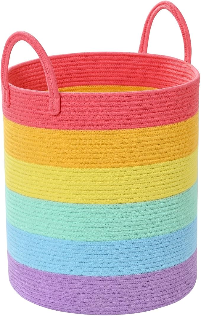 Laundry Hamper for Organizing, 52L Large Laundry Baskets, Cotton Rope Woven Blanket Basket, Collapsible Laundry Hamper for Living Room, Nursery, 15"×18", Rainbow