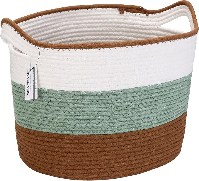 Sea Team Large Woven Cotton Rope Laundry Basket with Handles, 16 x 13 in | Collapsible Knitted Hamper, Closet Shelf Organizers, Containers for Clothing, Blankets, Toys, Bedding, Green & Brown