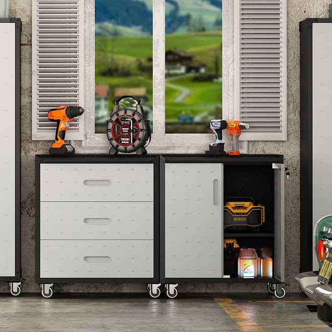 Garage Tool Storage Cabinet with Wheels & 2 Lockable Doors,Gray | Heavy Duty Steel Rolling Chests & Cabinets,Mobile Storage Cabinet for Basement,Workshop,Assembly Required
