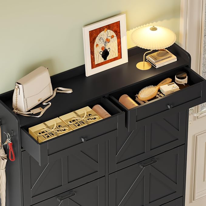 BORNOON Shoe Cabinet for Entryway, Farmhouse Shoe Storage Cabinet with 6 Flip Drawers and 2 Top Drawers, Tall Narrow Shoe Organizer Cabinet with Adjustable Shelves, Side Hooks and Anti-Tip Kit