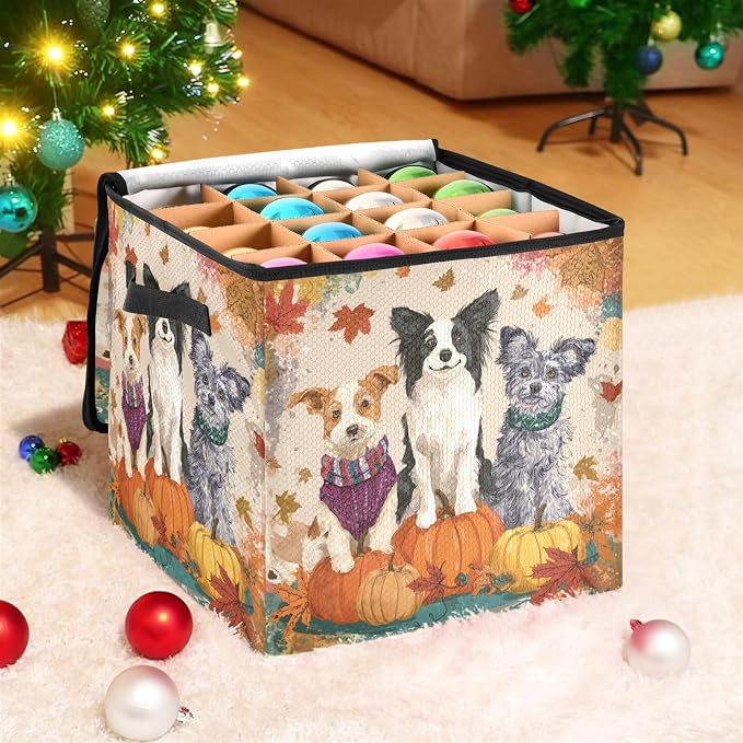 Autumn Pets and Pumpkins Christmas Ornament Storage,Stores up to 64 Holiday Ornament,Adjustable Dividers,Zippered Top,Two Handles Attractive Storage Box Keeps Decorations Clean