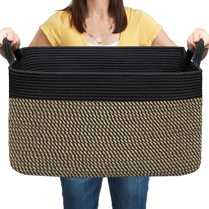 COMFY-HOMI Large Rectangular Blanket, Cotton Rope Woven for Storage, LaundryHamper, Storage,Toy Organizing Bin with Handle, Organizer and Storage-22x15x12-