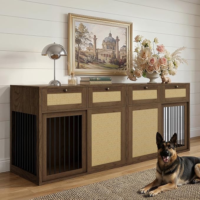 PureCozy 2-Piece Double Dog Crate Furniture, 80 Inch, Dark Oak | Left and right kennels for 2 dogs with metal sliding doors, cane cabinets and 4 drawers; furniture-style indoor console.