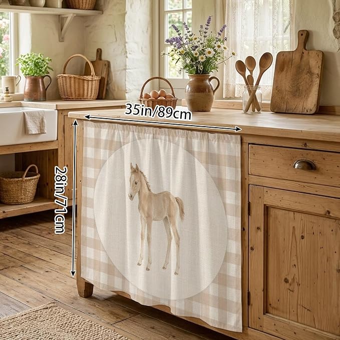 Graceful Pony Oven Skirt Curtain for Kitchen Decor 28"x35", Retro Natural Horse Farmhouse Plaid Rustic Self Adhesive Stove Curtains Skirt Cabinet Curtains for Bathroom Laundry Room