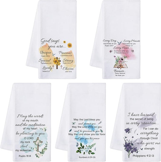 R HORSE Religious Christian Kitchen Dish Towel - 5Pcs Inspiration Flower Sayings Cleaning Dishcloth Bible Verse Absorbent Bar Quick Dry Hand Towel Tea Towels Xmas Gift for Women Men Housewarming Decor