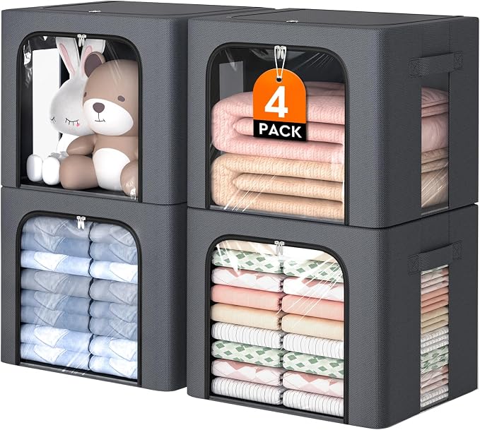 Metal Frame Clothes Storage Bins, Light Grey, 40L, 4 Pack | Foldable Storage Boxes with Clear Window, Front & Top Zipper Openings, Stackable Organizer with Handles for Closet & Bedroom