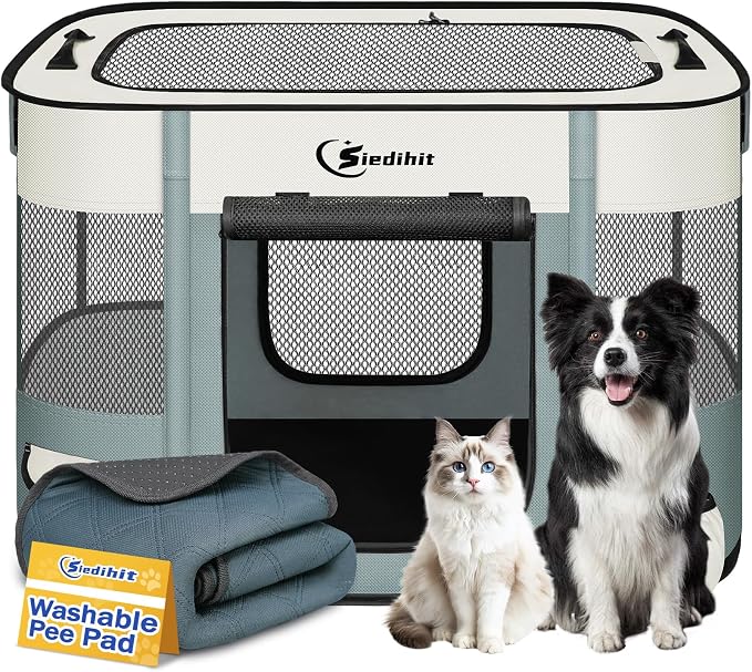 Siedihit 31" Dog Playpen,Cat Puppy Pen, Pet Portable Crate Indoor Outdoor | Durable Travel Camping Use,Foldable Dog Kennel Tent Cage for Rabbit Small Animals with Carrying Case(Grey with Pad, Medium)