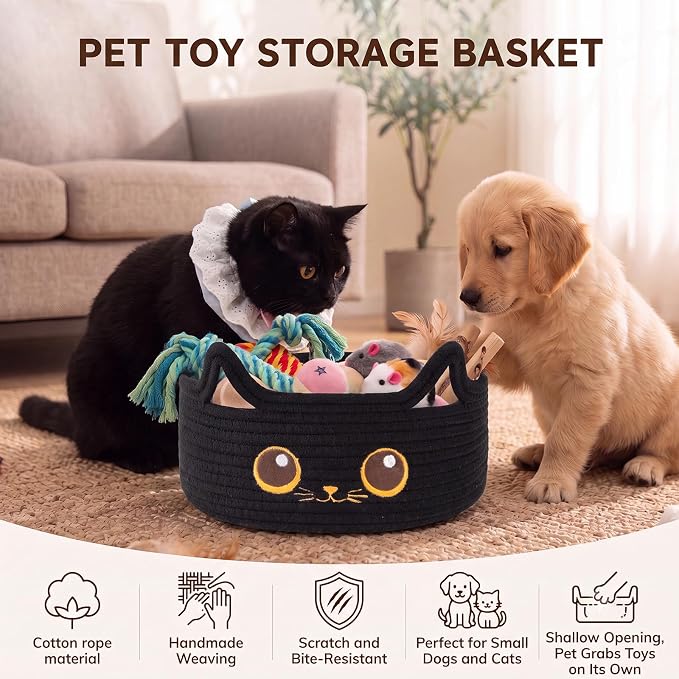 Small Cotton Rope Halloween Basket, Black Cat Toy Basket for Living Room | Cute Decorative Dog Toy basket, Toy Bin for Baby, Pet, Gift Basket for Baby Shower , 11"×11"×4.7", Black