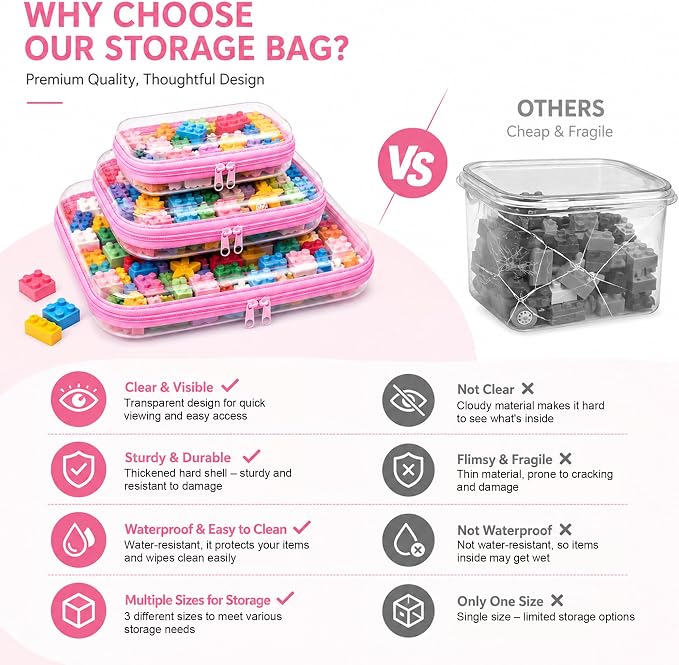 3 Pack Clear Hard Shell Zipper Case (1XL + 1L + 1M, Pink) | Travel Toiletry Bag, Waterproof 1.2mm PET Hard Plastic Pouches, Organizer Box for Makeup, Toy, Snack, Stationery, Diaper