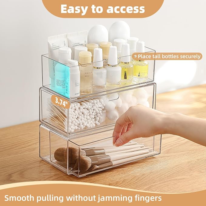 Stackable Medicine Cabinet Organizer for Bathroom, 3 Pack | 2 Drawers + 1 Tray, Clear View for Quick Access, Smooth Pull-Out, Non-Slip & Place Stably, Fits Vanity, Desk & Bedroom