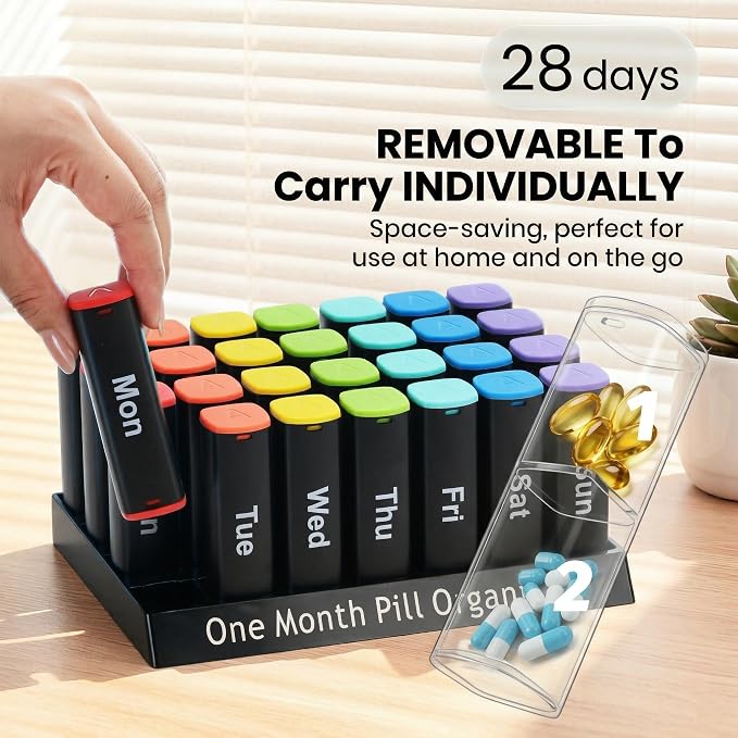 CAidRE Monthly Pill Organizer AM PM, Black XL Medication Box | 28 Day Moisture Proof Case for Vitamins and Supplements, Travel Friendly Individual Pods, Discreet 4 Week Storage