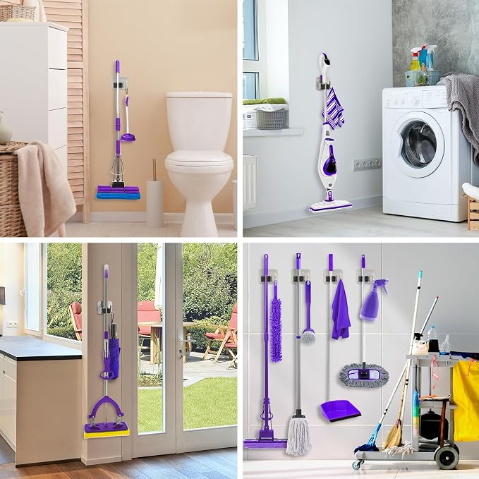Broom Holder Wall Mount Rack, 304 Stainless Steel Mop and Tool Organizer | Drill-Mounted Gripper Rack Holds Brooms, Mops and Garden Tools Safely in the Laundry Room, Kitchen, Garage, Garden and Shed
