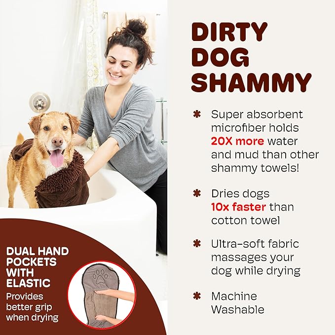 Dog Gone Smart The Dirty Dog Shammy - Fast Drying Plush Shammy Towel with Dual Hand Pockets and Elastic - Super Absorbent Microfiber and Machine Washable - 31 × 13 in, Brown