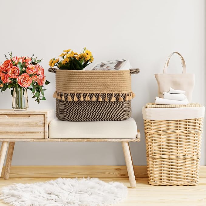 TeoKJ Set of 2 Baskets for Organizing, Decorative Rope Baskets for Storage, Storage for Pets, books, Pillows, Toys & Cloths, Black & Jute