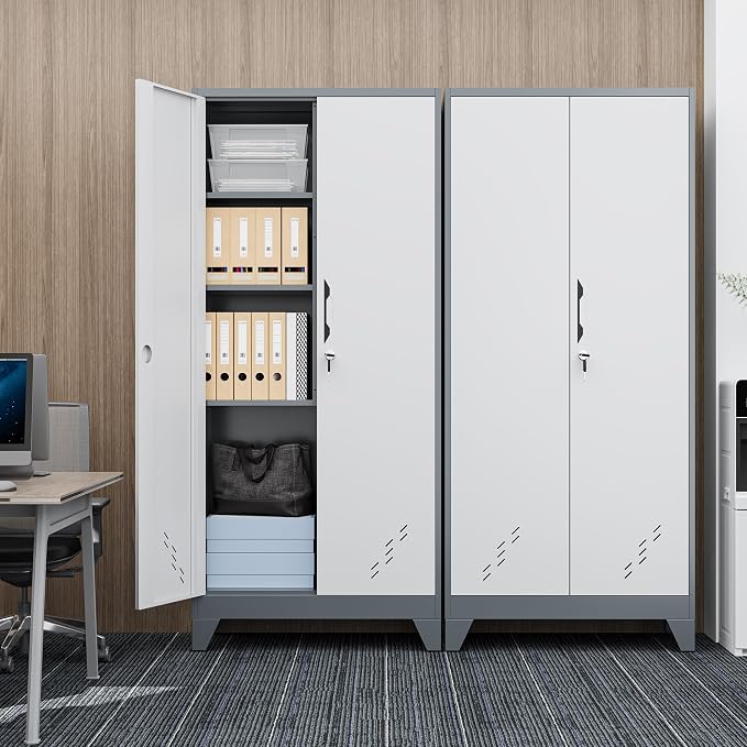 61" Metal Storage Cabinet with Lockable Doors, Cleaning Supply Cabinet with Pegboard and Hanging Rod. Garage Tool Storage Cabinets for Home, Laundry, Office, Home Kitchen Utility Cabinet
