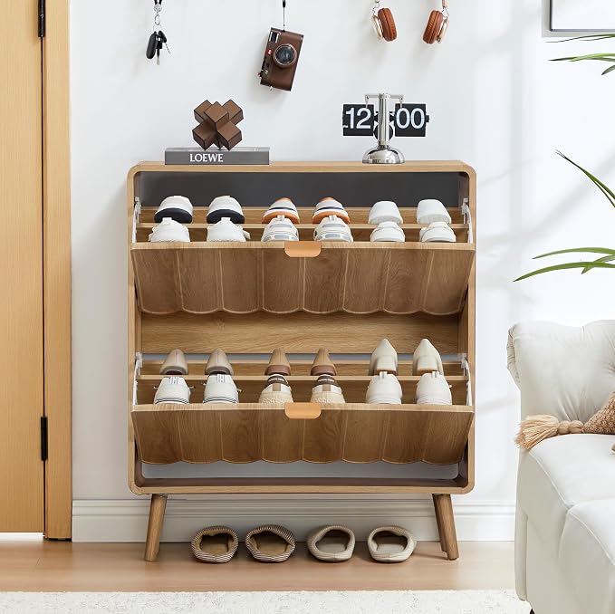Shoe Storage Cabinet for Entryway with 2 Flip Drawers, Freestanding Narrow Wooden Shoe Cabinet with Wave Panel, Hidden Shoe Organizer for Foyer, Hallway (Natural)