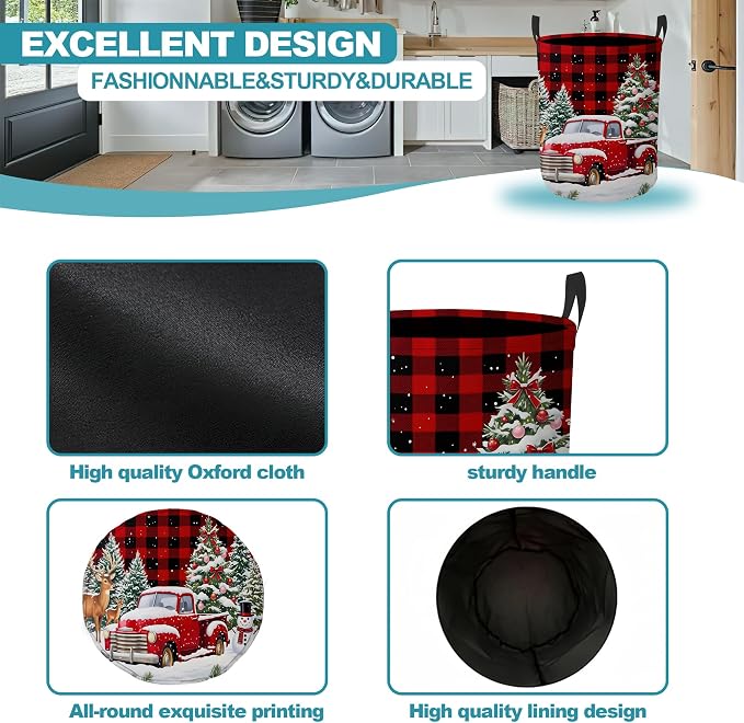 Christmas Red Truck Collapsible Laundry Hamper,Winter Deer Waterproof Oxford Cloth Clothes Basket with Handles for Bathroom Bedroom Nursery Dorm Room,16" x 20"