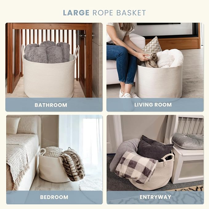 OrganiHaus Round Toy Basket & Blanket Basket, Cotton Rope 20x13" | Full Off-White - Round Cotton Rope Basket, 20x13"