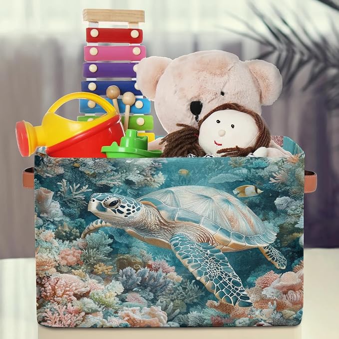 Sea Turtle Storage Baskets with Handle Nautical Storage Boxes Collapsible Nursery Basket Organizer Waterproof Storage Bins for Closet Shelves Book Cloth 15 X 11 X 9.5 IN