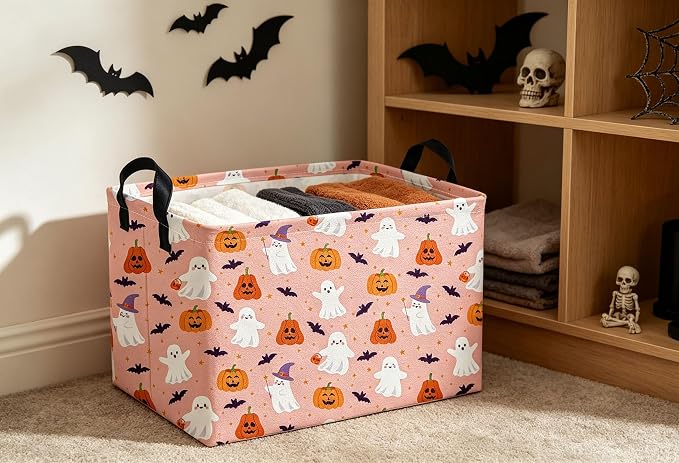 Rectangle Kids Baskets Hallowee Basket Pink Storage Bin Fish Box for Room Decor Gift Basket(Pink ghost)