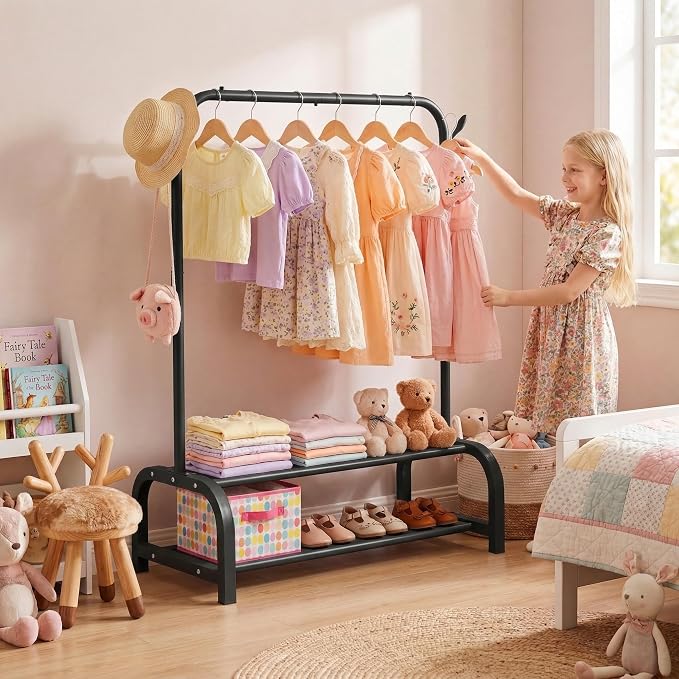Kids Clothes Rack for Ages 3-6, Montessori Kids Clothing Rack, Black | Kids Dress up Rack with 2 Fabric Storage Shelves & Hooks, Toddler Dress Up Rack for Costumes, Princess Dresses and Shoes